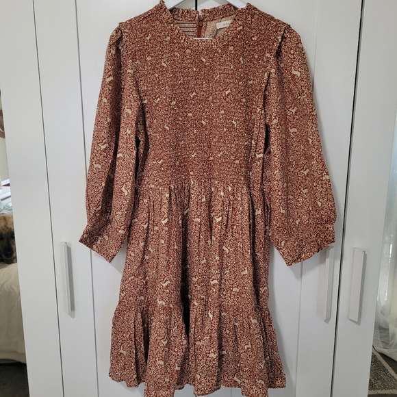 Doen Leda Prancing Fawn Brown Rust Red Floral Woodland Animals Cotton Mini Dress - Picture 1 of 7